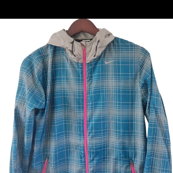 NIKE Plaid Phenom Vapor Hooded Windbreaker Running Jacket Blue Women Sz Small - Picture 2 of 7